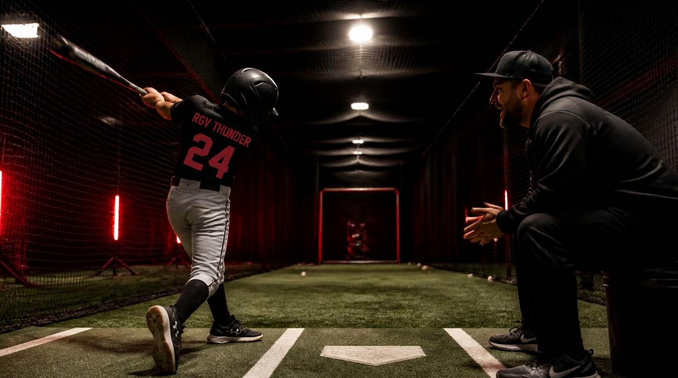 Young player taking swings in a lit RGV Thunder tunnel while a coach coaches from the side