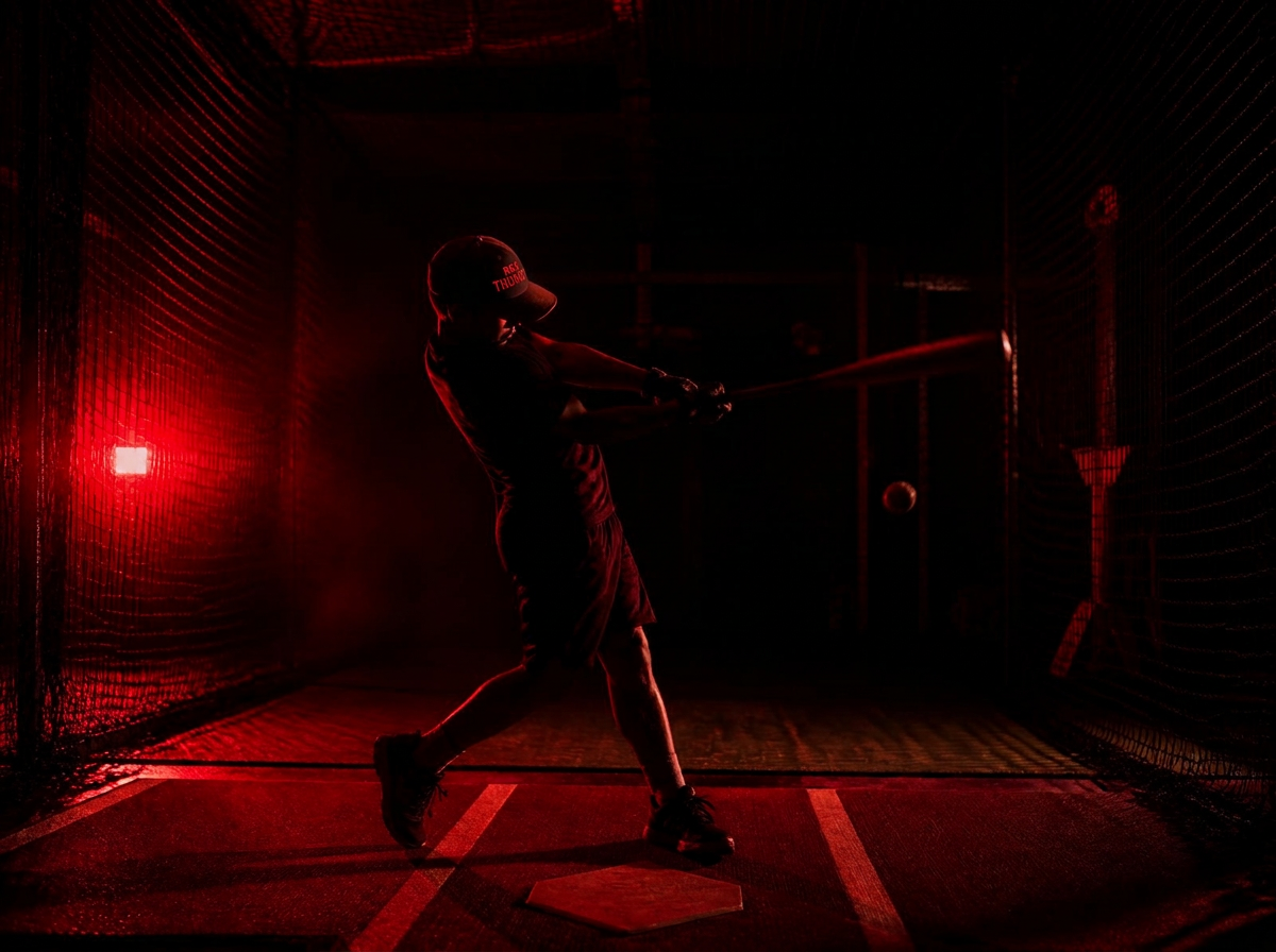 Athlete swinging inside an RGV Thunder batting cage