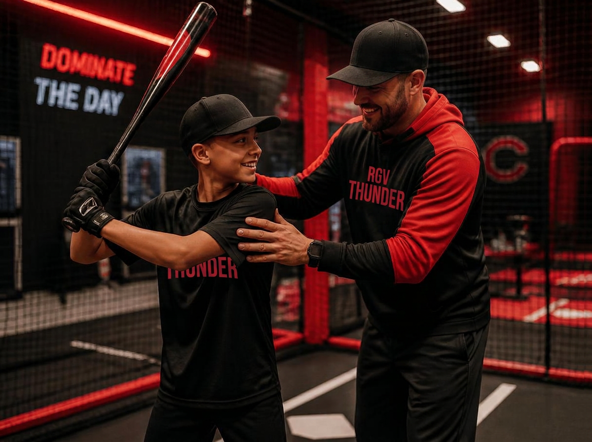 RGV Thunder coach guiding a young hitter's stance in the cage